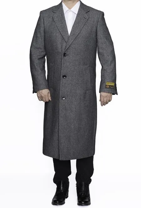 Mens Overcoat Mens Grey Herringbone Full Length Wool Dress Coat