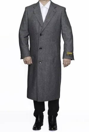 Mens Overcoat Mens Grey Herringbone Full Length Wool Dress Coat