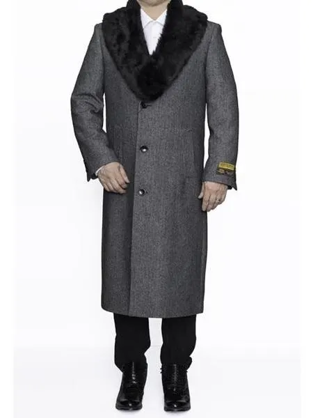 Mens Topcoat Mens Dress Coat  Removable Fur Collar Full Length Wool Herringbone Grey  Top Coat ~ Overcoat