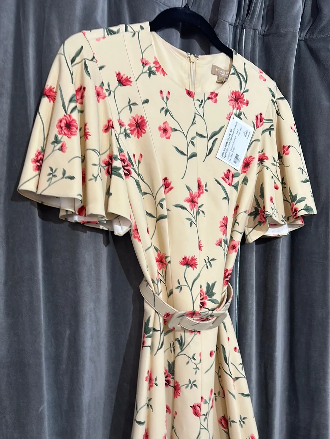 Michael Kors Collection Aged Yellow Short Cape Sleeve Panneled Belted Dress