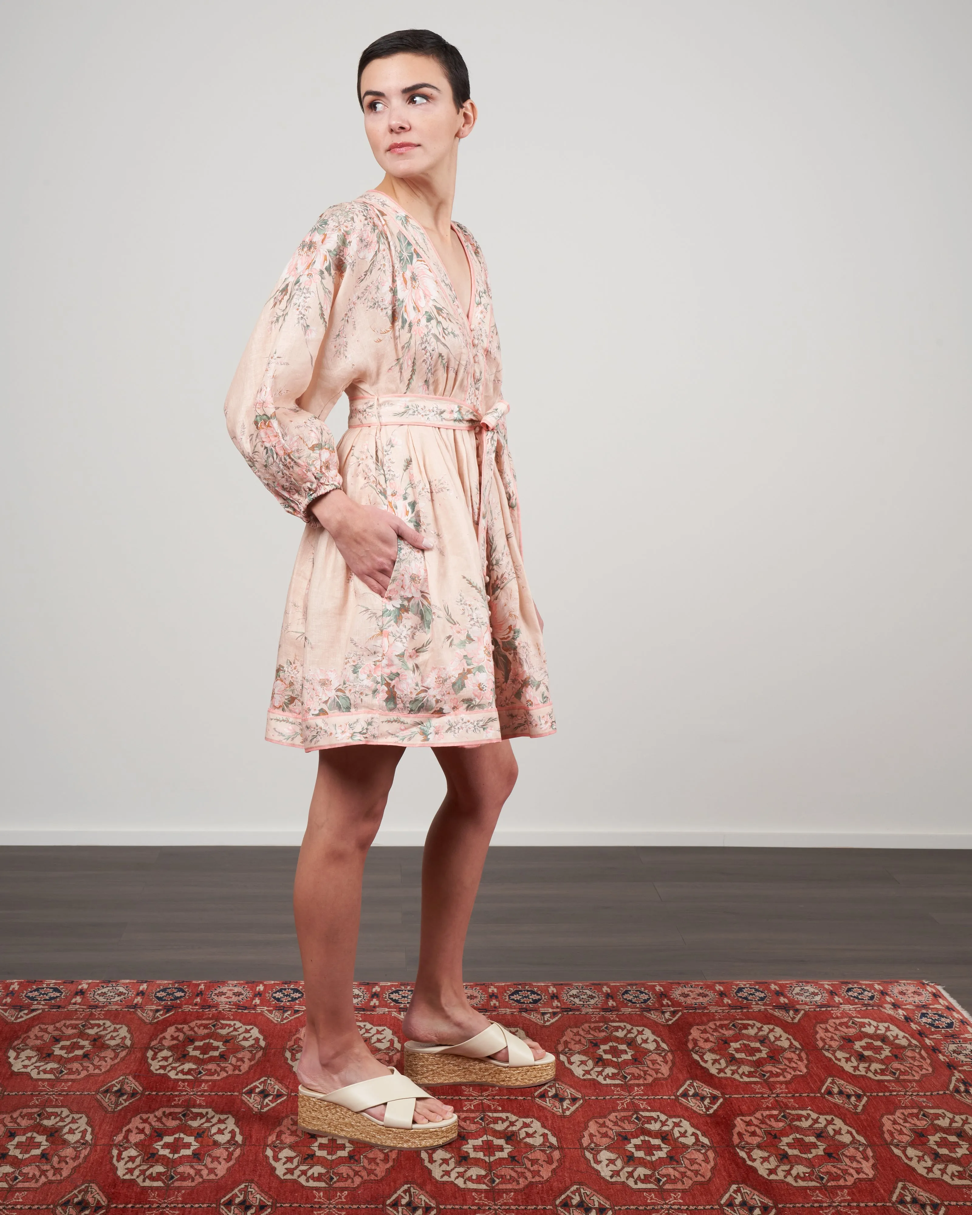 moonshine plunge mini dress - cream watercolour floral