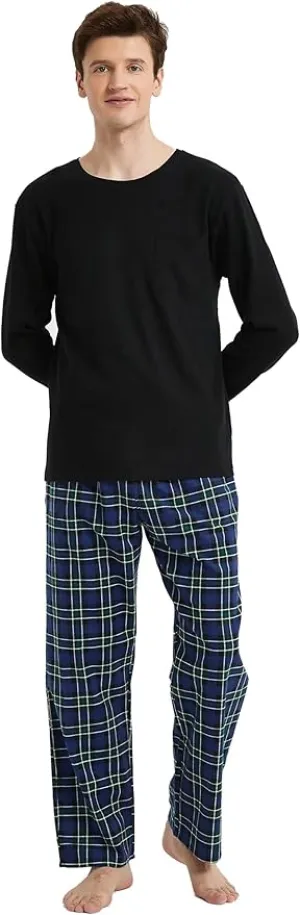 Myclawshirts Men's 100% Cotton Pajama Set Flannel Plaid Pants Crew Neck Top Long Sleeves