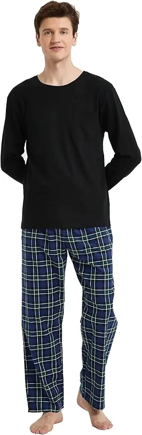 Myclawshirts Men's 100% Cotton Pajama Set Flannel Plaid Pants Crew Neck Top Long Sleeves