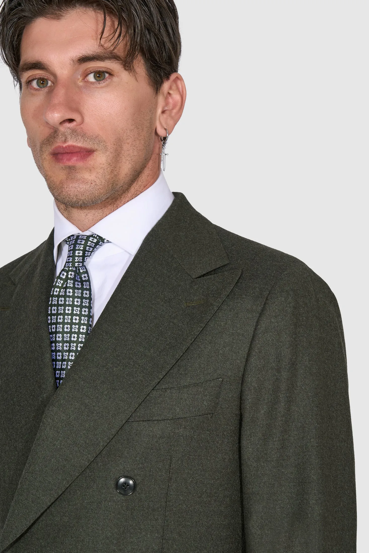 New SUITREVIEW Elmhurst Forest Green Pure Wool Flannel DB Suit - Size 44S (Flat Front) (FINAL SALE)