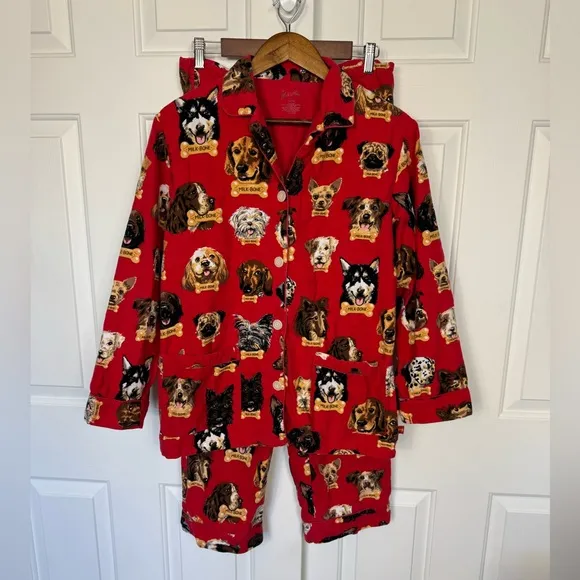 Nick &amp; Nora Flannel Pajama Set Dog Breeds Milk Bone Top &amp; Pants Size S Dog Lover