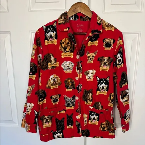 Nick &amp; Nora Flannel Pajama Set Dog Breeds Milk Bone Top &amp; Pants Size S Dog Lover