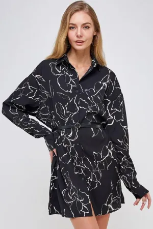 Night Floral Belted Shirt Dress