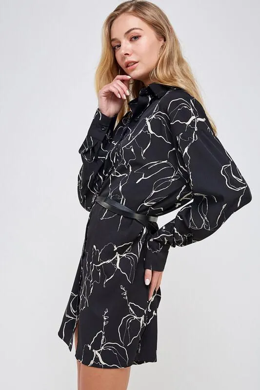 Night Floral Belted Shirt Dress
