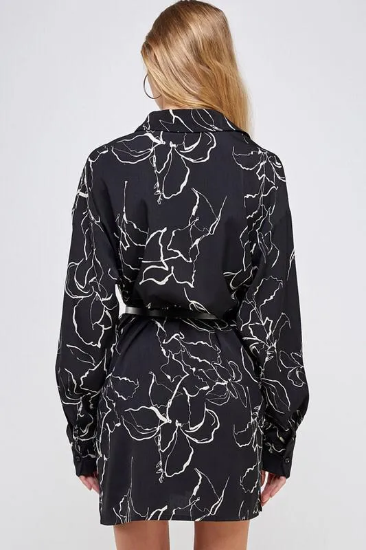 Night Floral Belted Shirt Dress