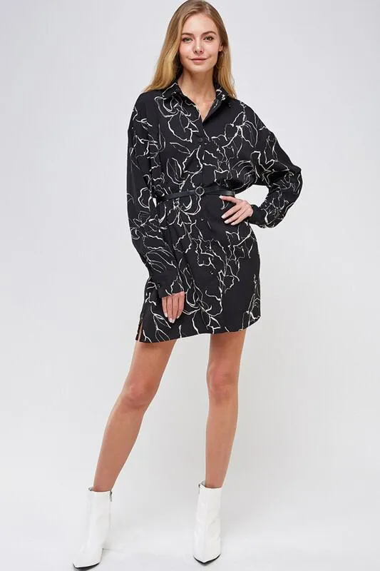 Night Floral Belted Shirt Dress