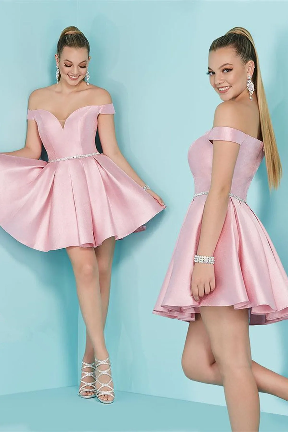 Off the Shoulder Pink Satin Short Prom Homecoming Dress with Belt, Off Shoulder Pink Formal Graduation Evening Dress A1603