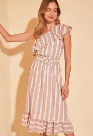 One Shoulder Striped Belted Dress