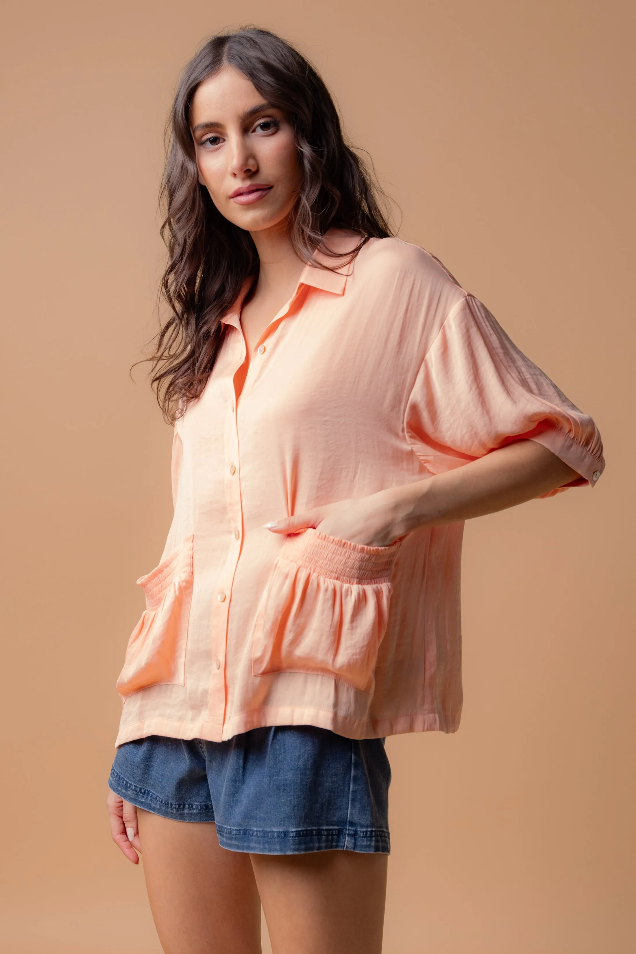 Oversized Boxy Shirt With Front Patch Pockets