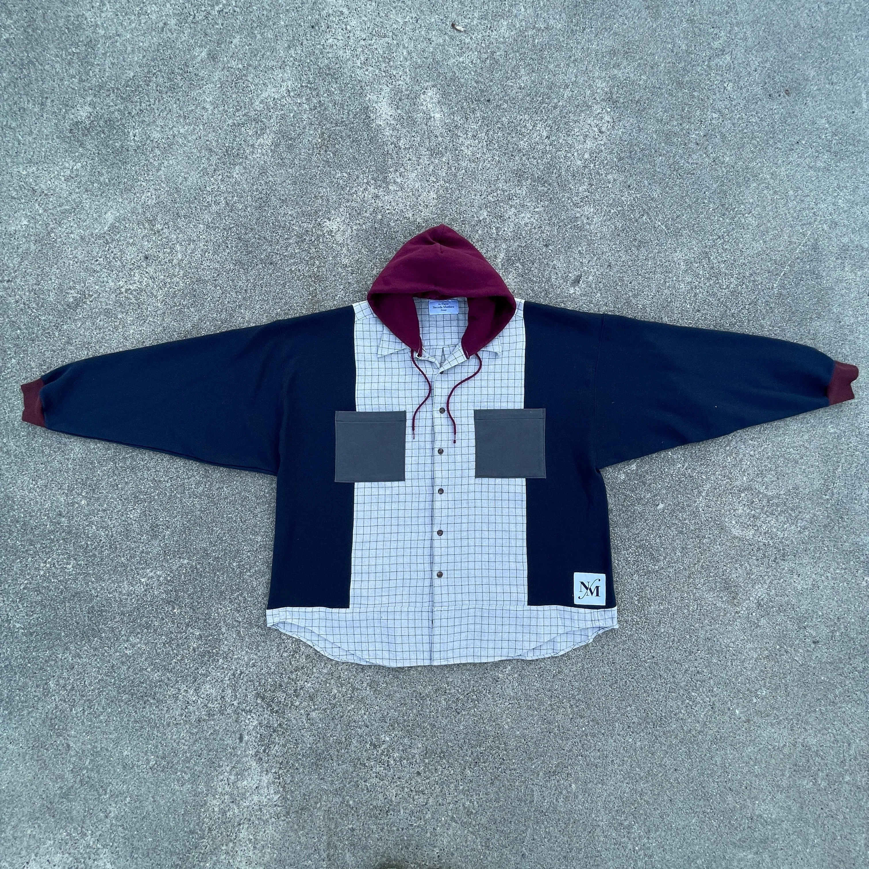 Oversized Navy Grid Flannel Hoodie Hybrid