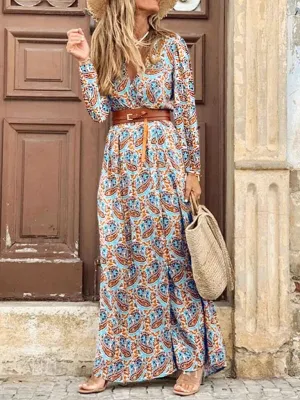Paisley Print Maxi Dress with V-Neck and Belted Waist