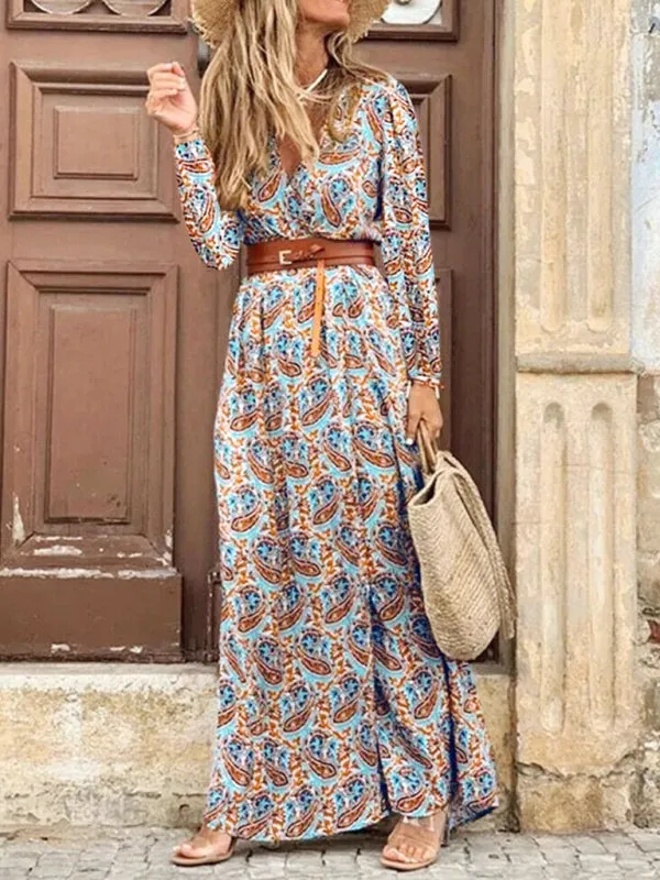 Paisley Print Maxi Dress with V-Neck and Belted Waist