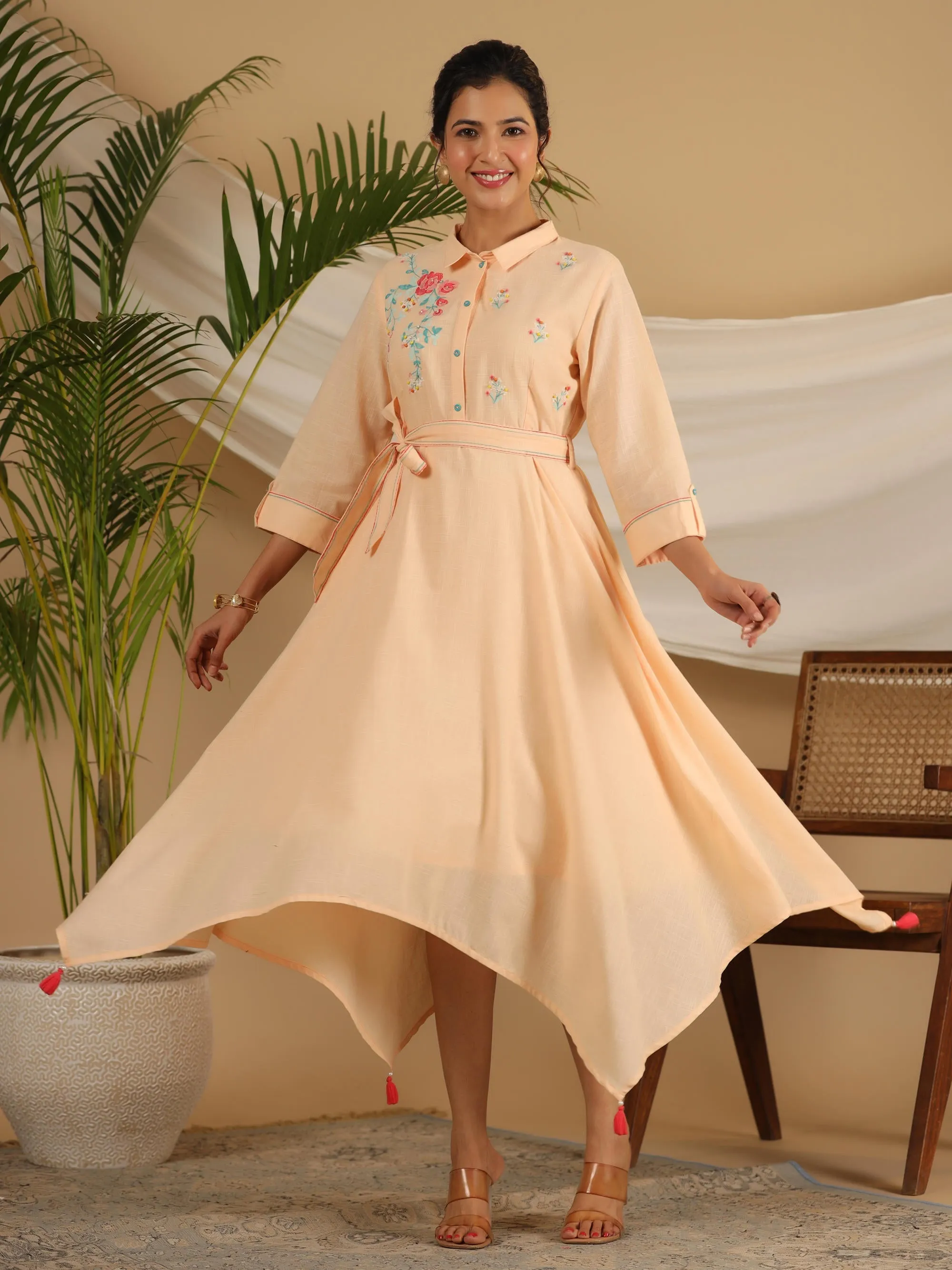 Peach Fit & Flare Belted Asymmetrical Maxi Dress With Floral Thread Embroidery-S4364PEACH
