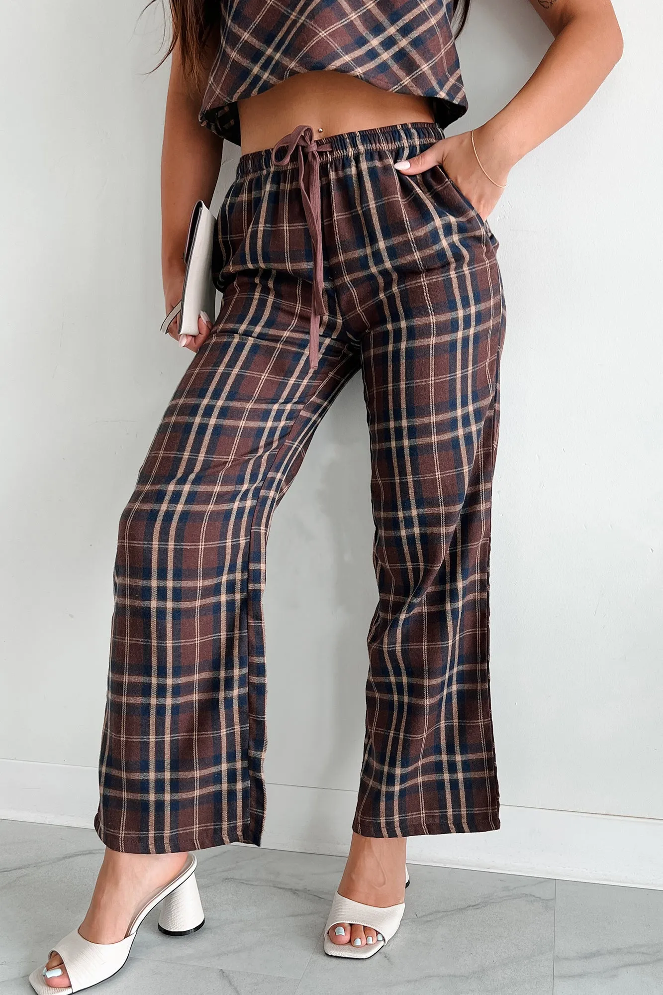 Picnics In September Plaid Flannel Two Piece Set (Brown/Navy)