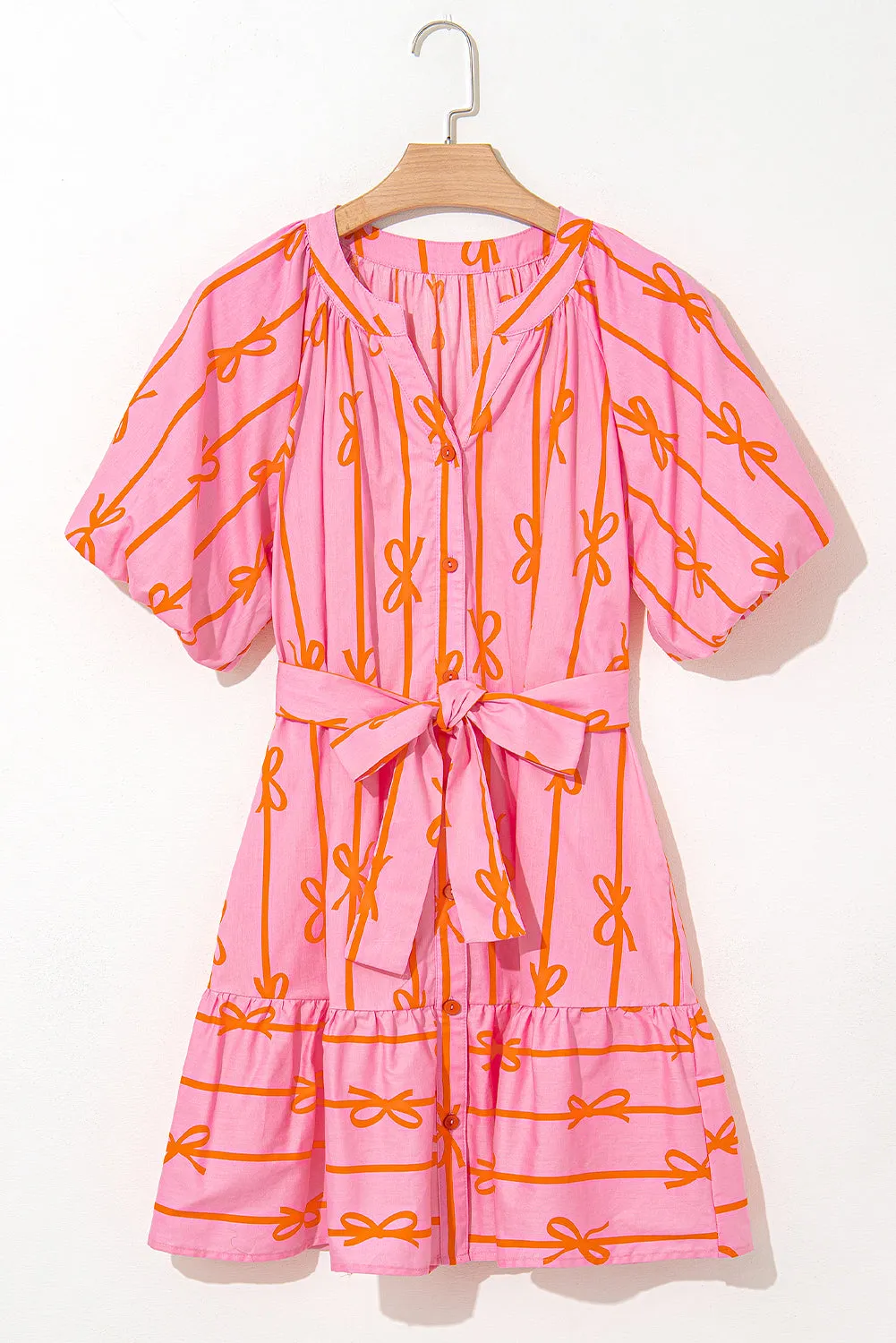 Pink Bowknot Striped Printed Bubble Sleeve Buttoned Belted Mini Dress
