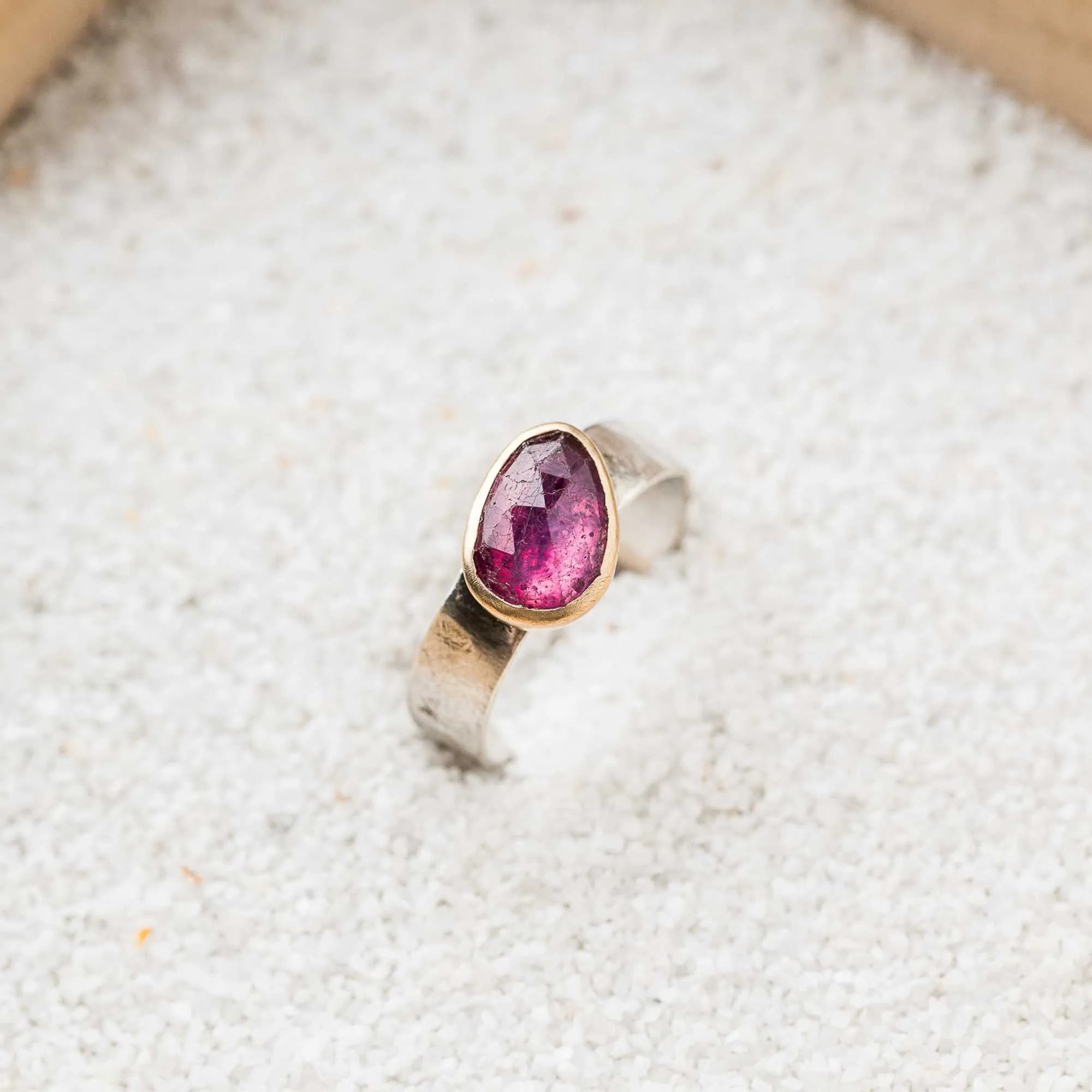 Pink Sapphire Asymmetrical Mixed Metal Ring on Cigar Band