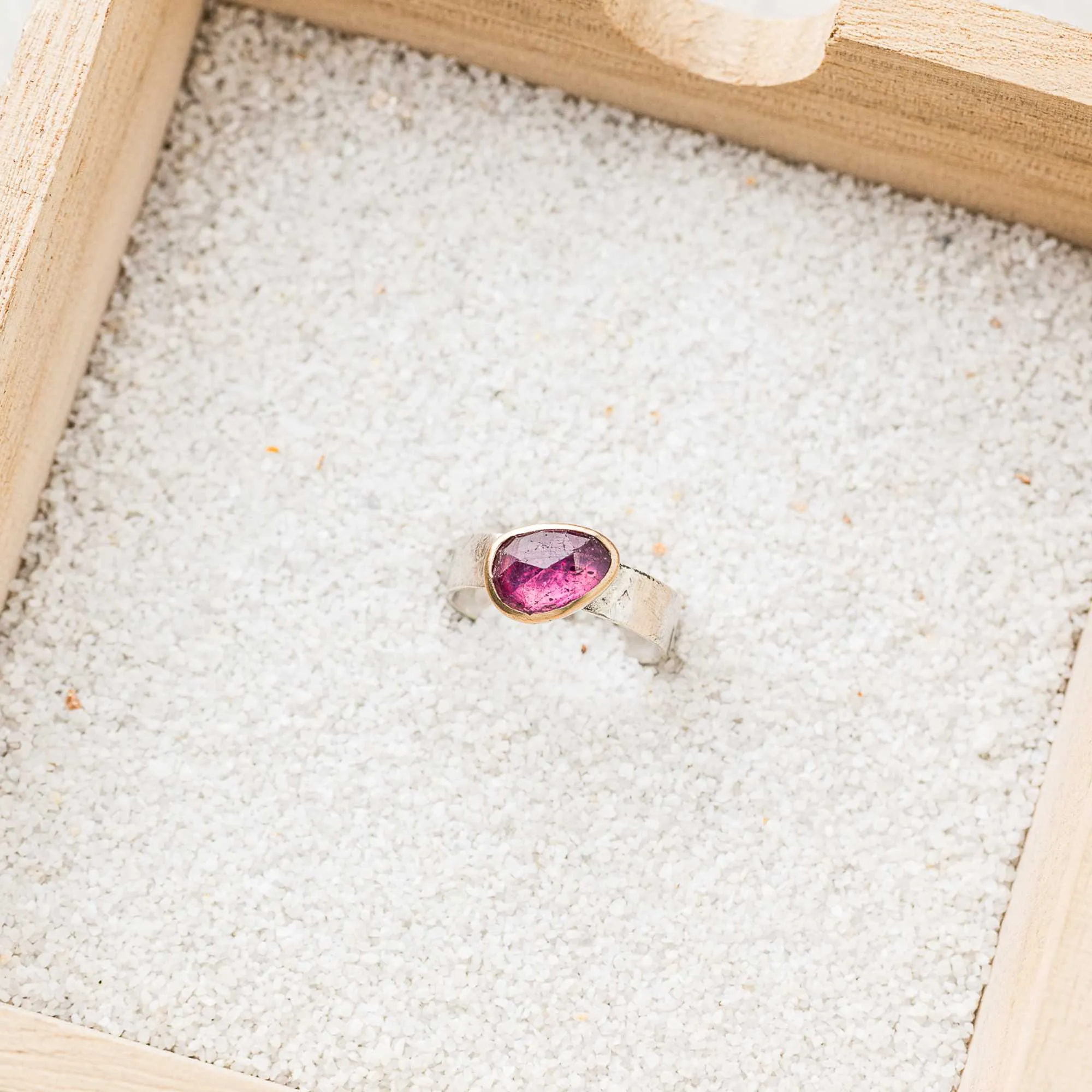 Pink Sapphire Asymmetrical Mixed Metal Ring on Cigar Band