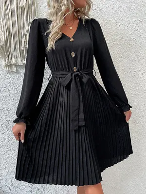 Pleated Midi Dress with Button-Down Front and Belted Waist