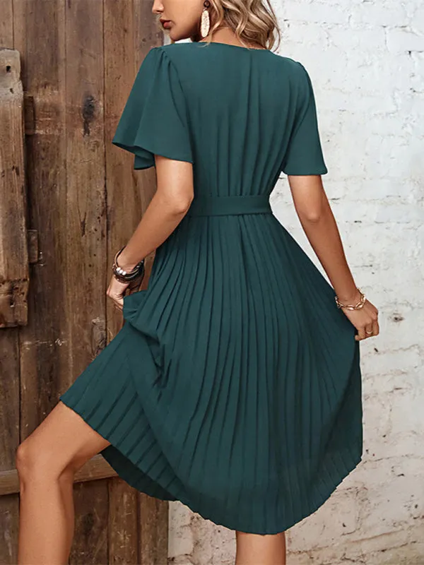 Pleated V-Neck Dress with Flutter Sleeves and Belted Waist