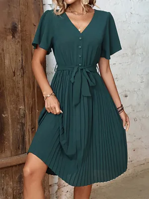 Pleated V-Neck Dress with Flutter Sleeves and Belted Waist