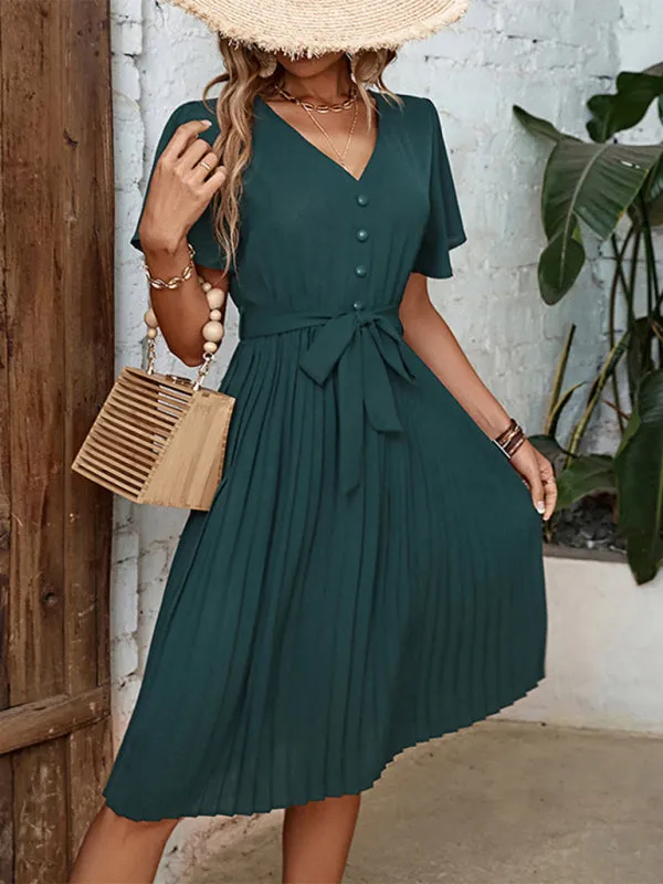 Pleated V-Neck Dress with Flutter Sleeves and Belted Waist