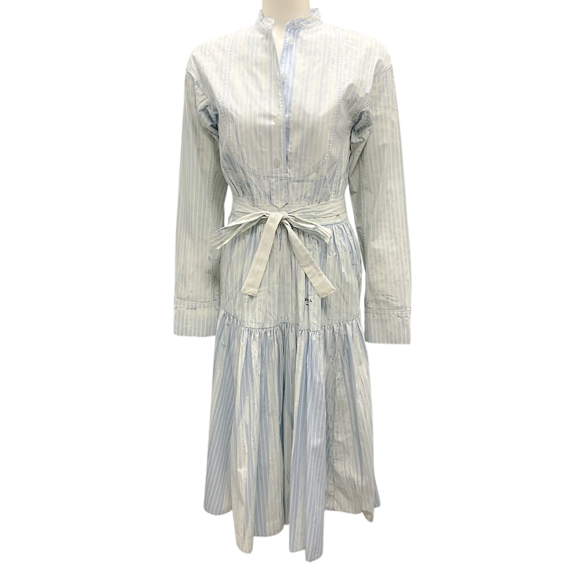 Prada Blue / White Belted Striped Logo Print Midi Dress