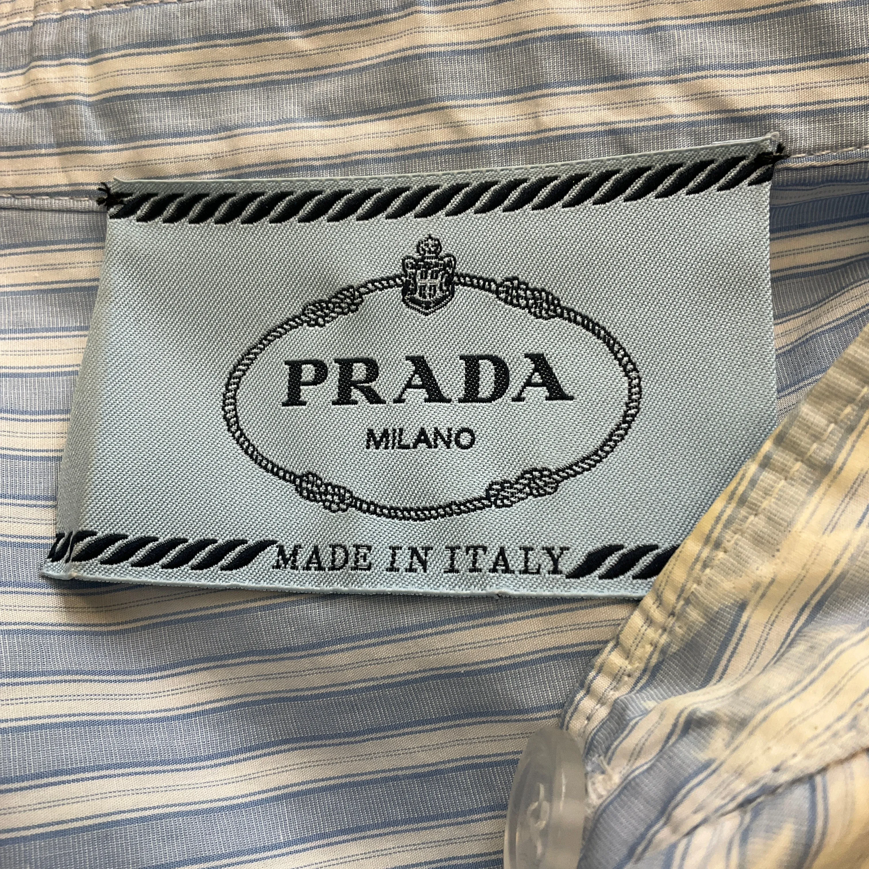 Prada Blue / White Belted Striped Logo Print Midi Dress