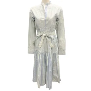 Prada Blue / White Belted Striped Logo Print Midi Dress