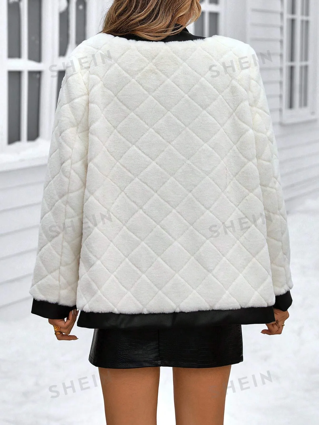 Privé Women Plain Front Button Long Sleeve Casual Faux Fur Patchwork Jacket