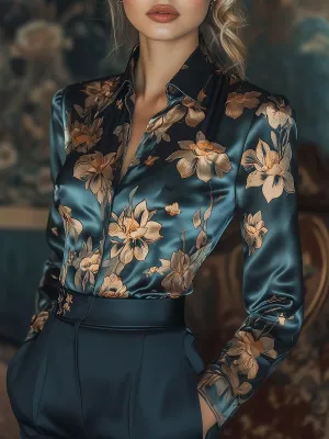 Radiant Golden Lotus Satin Blouse with Floral Print