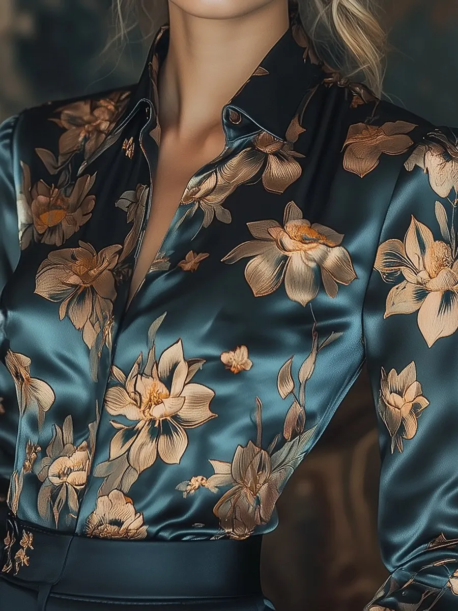 Radiant Golden Lotus Satin Blouse with Floral Print