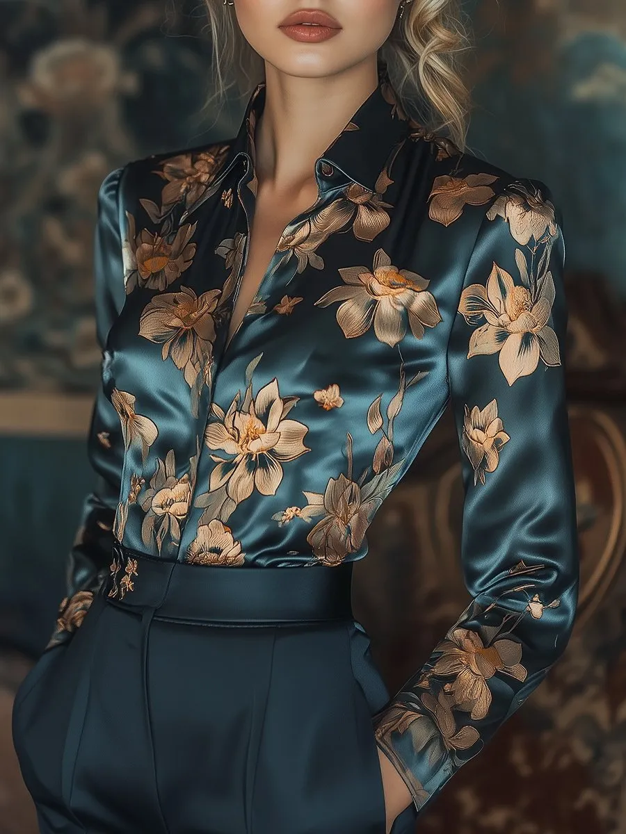 Radiant Golden Lotus Satin Blouse with Floral Print