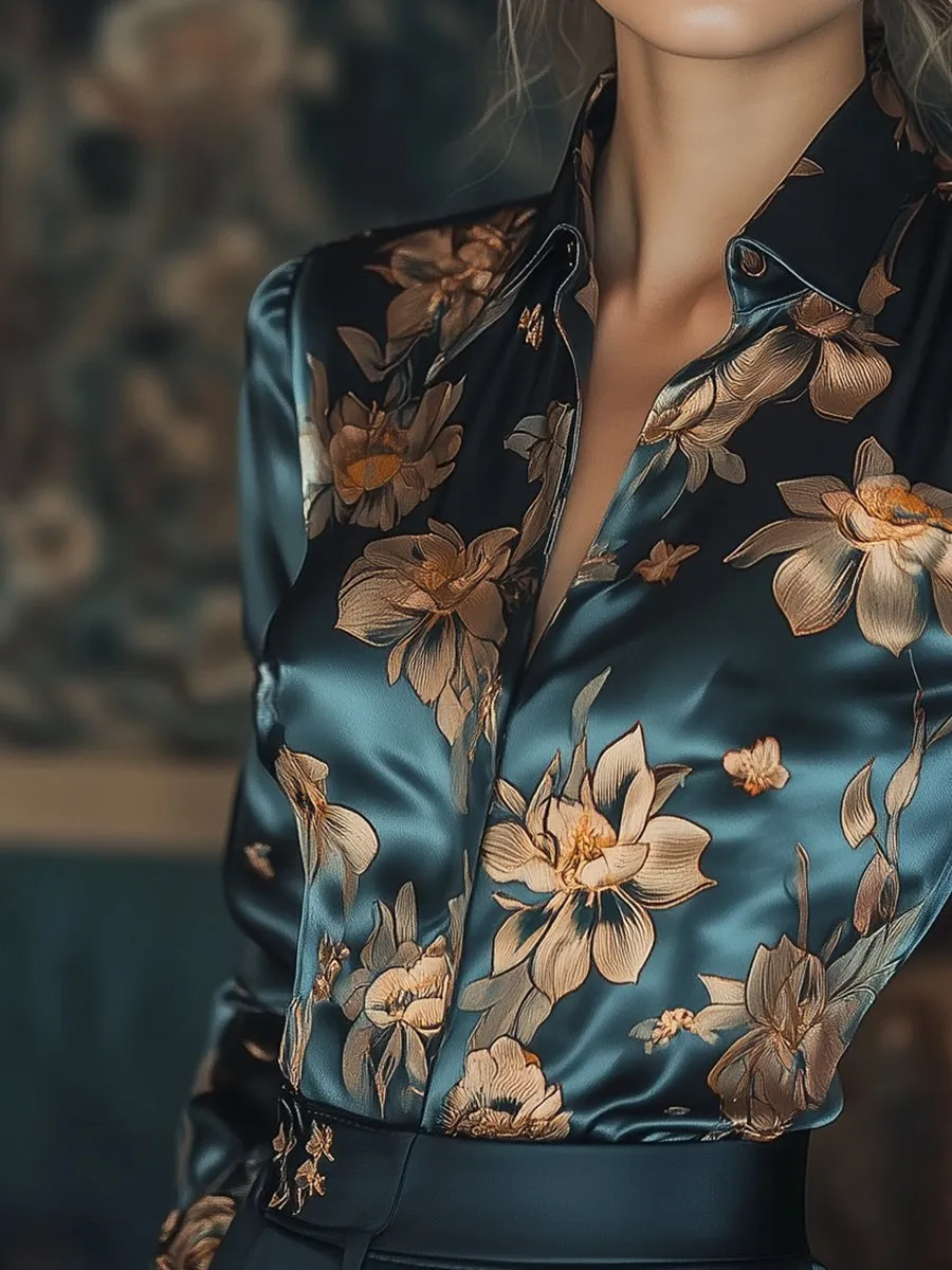 Radiant Golden Lotus Satin Blouse with Floral Print