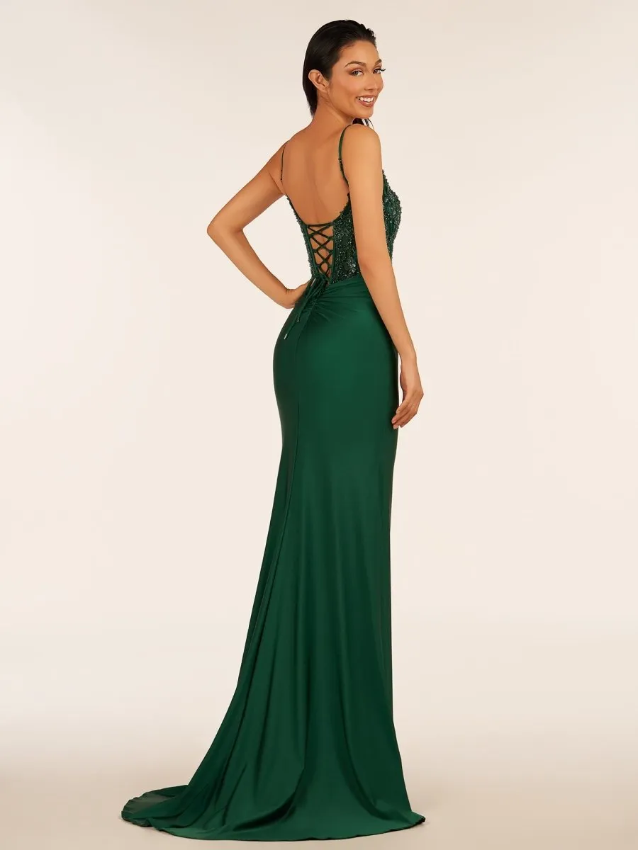 Rafenild | Green V Neck Beading Satin Long Slit Prom Dresses