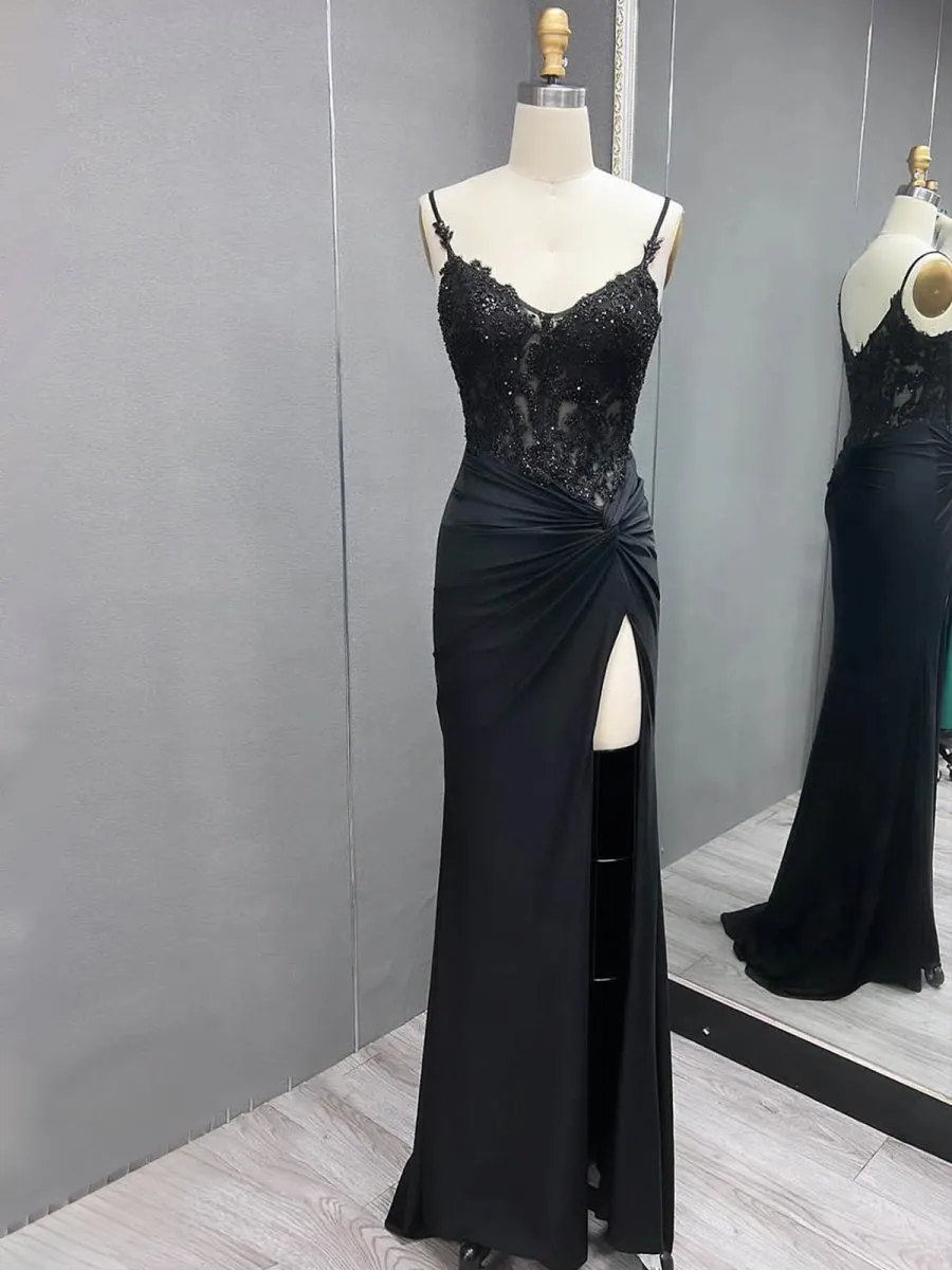 Rafenild | Green V Neck Beading Satin Long Slit Prom Dresses