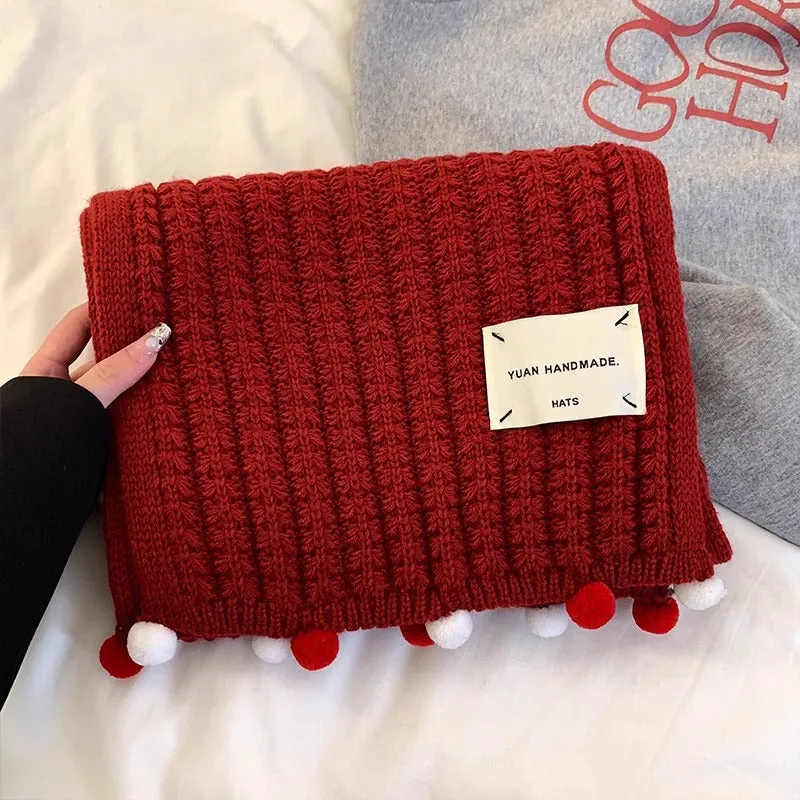 Red knitted scarf for women, versatile in autumn and winter, with balls for warmth. Woolen muffler, a great gift for girls on New Year's and Christmas.C-240911-5