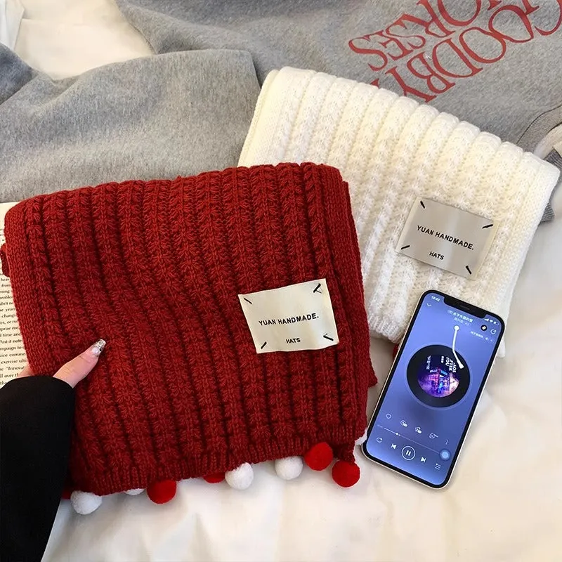 Red knitted scarf for women, versatile in autumn and winter, with balls for warmth. Woolen muffler, a great gift for girls on New Year's and Christmas.C-240911-5