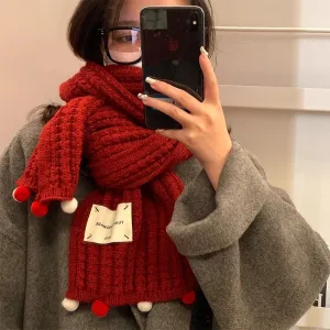 Red knitted scarf for women, versatile in autumn and winter, with balls for warmth. Woolen muffler, a great gift for girls on New Year's and Christmas.C-240911-5