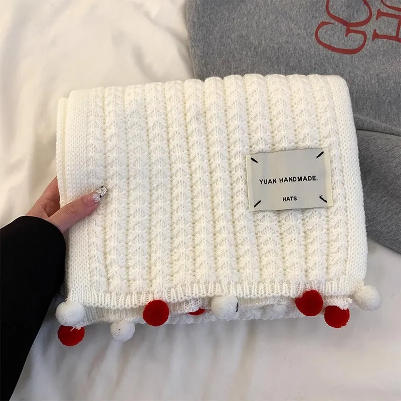 Red knitted scarf for women, versatile in autumn and winter, with balls for warmth. Woolen muffler, a great gift for girls on New Year's and Christmas.C-240911-5