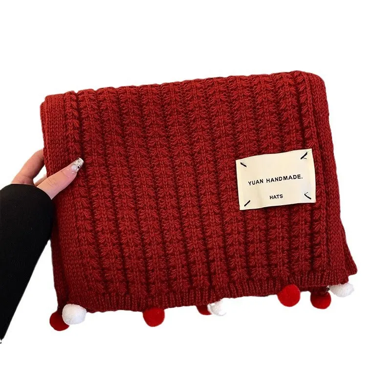 Red knitted scarf for women, versatile in autumn and winter, with balls for warmth. Woolen muffler, a great gift for girls on New Year's and Christmas.C-240911-5