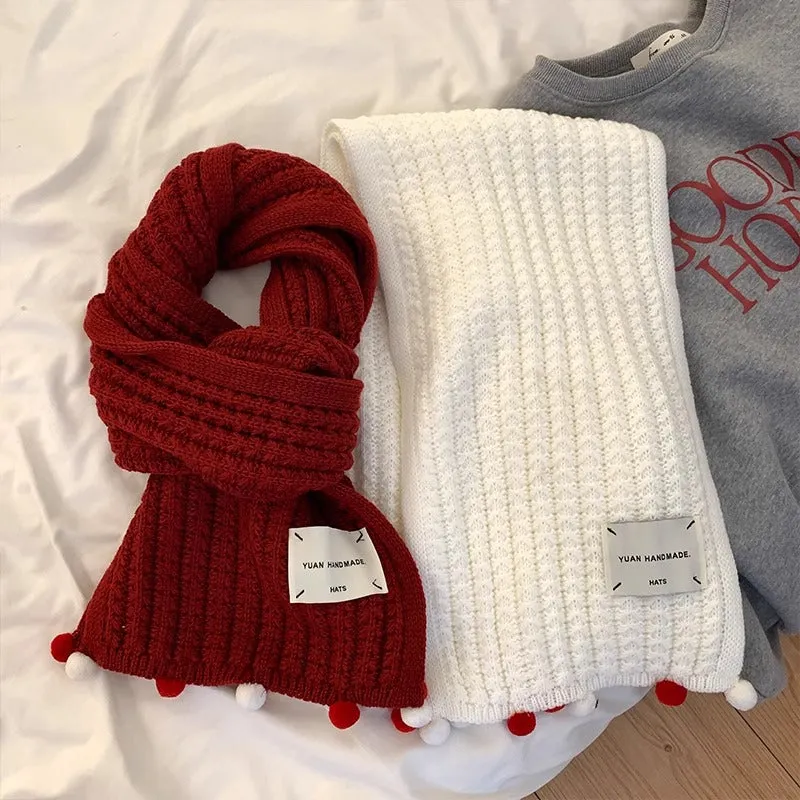 Red knitted scarf for women, versatile in autumn and winter, with balls for warmth. Woolen muffler, a great gift for girls on New Year's and Christmas.C-240911-5