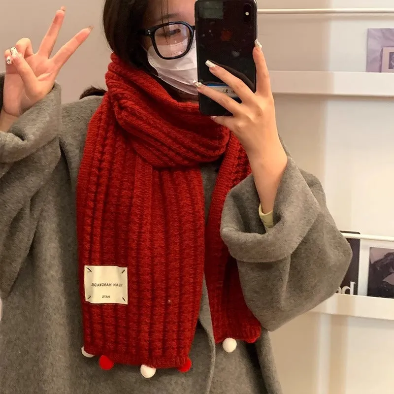 Red knitted scarf for women, versatile in autumn and winter, with balls for warmth. Woolen muffler, a great gift for girls on New Year's and Christmas.C-240911-5
