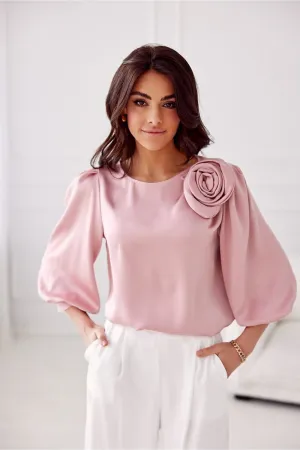 Rose-Embellished Loose Fit Satin Blouse