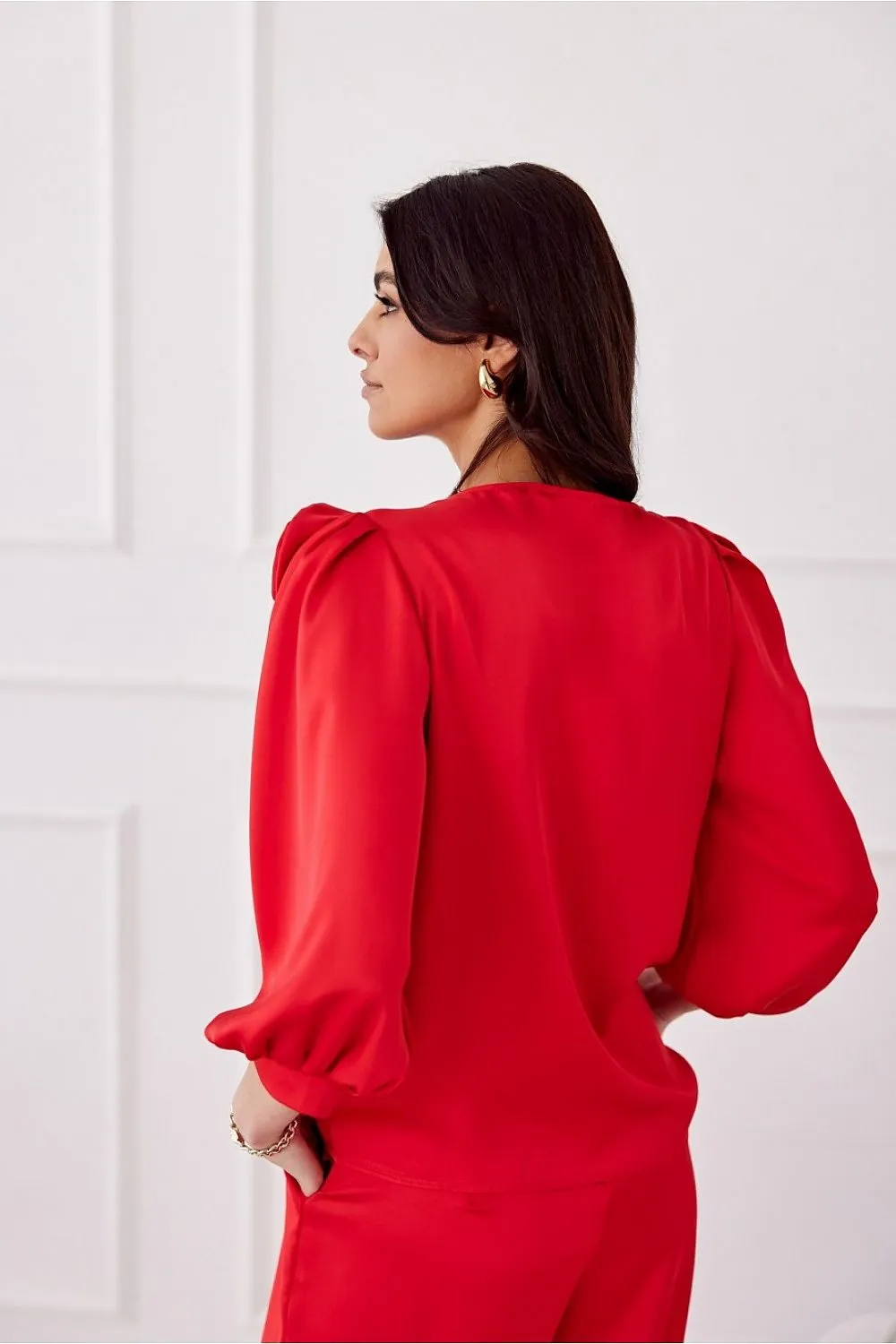Rose-Embellished Loose Fit Satin Blouse