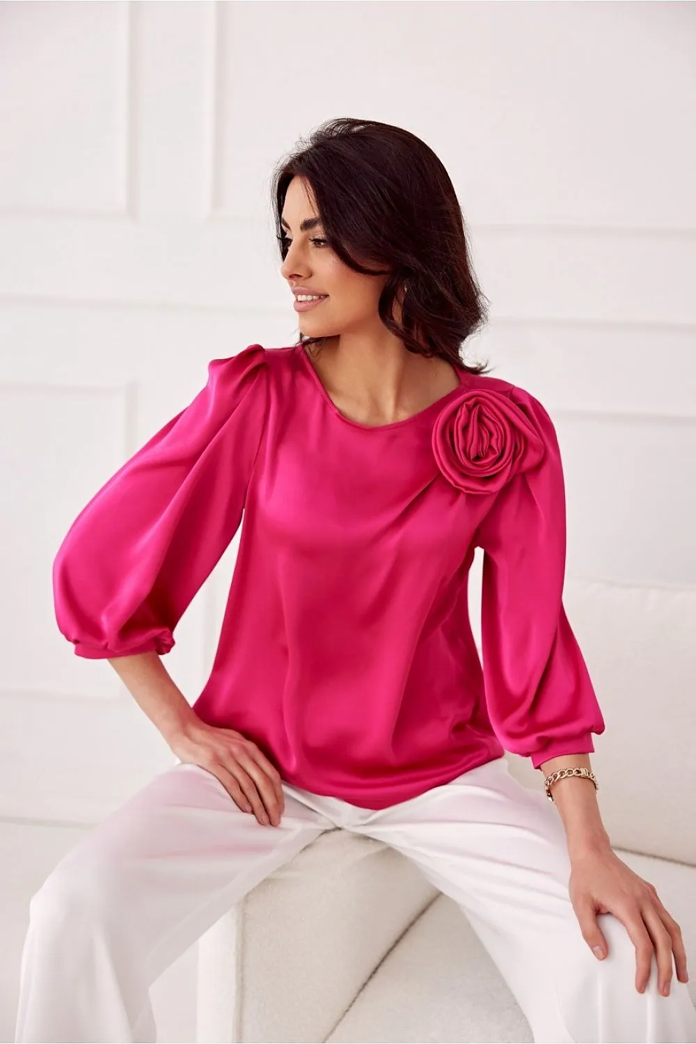 Rose-Embellished Loose Fit Satin Blouse