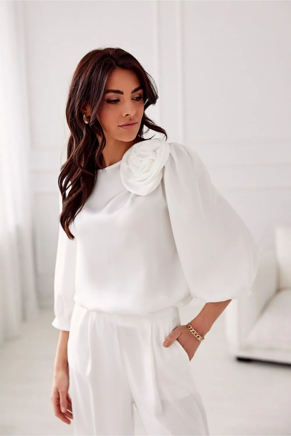 Rose-Embellished Loose Fit Satin Blouse
